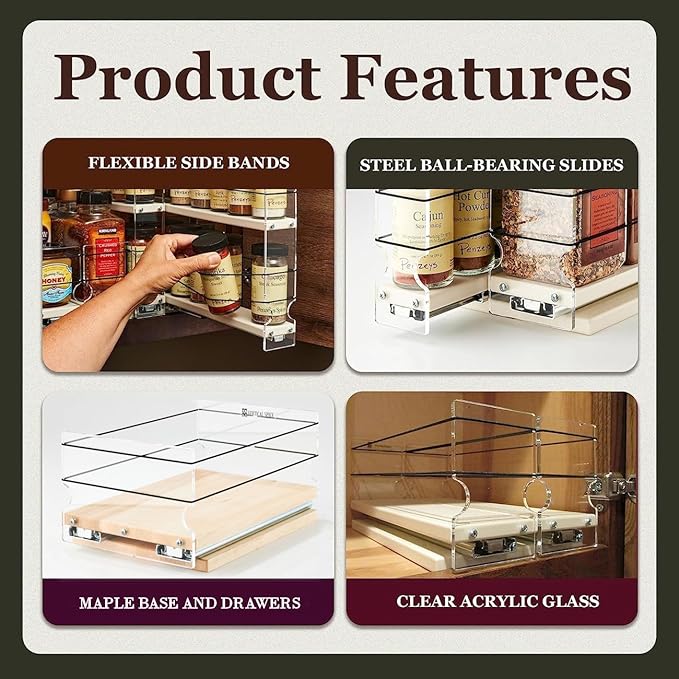 Vertical Spice Solid Maple Storage Rack Drawer - Sliding Spice Rack - Pantry Organizers and Storage - Kitchen Cabinet Organizer - Made in USA -1 Drawer, 2 Tiers (4.6" W x 10.75" H x 10.6" D)