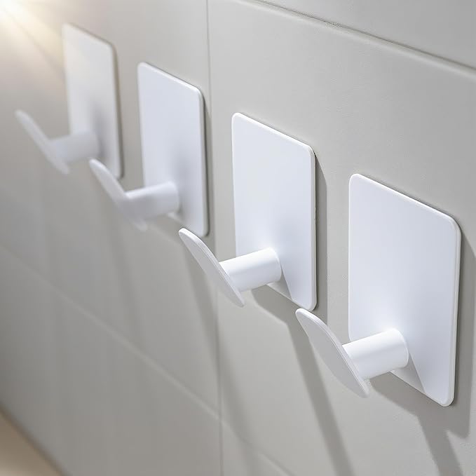 DELITON 4 Pack Adhesive Towel Hooks - White Heavy Duty Self Adhesive Hooks Stick on Wall Hanging Robes Coats Clothes for Bathroom Bedroom Kitchen Door, Stainless Steel-NeatNest