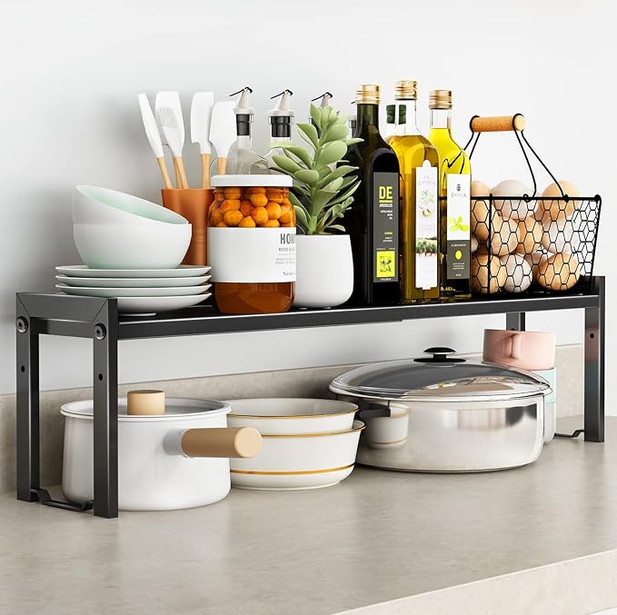 Expandable Cabinet Shelf Organizer 16-26" L Stackable Kitchen Counter Shelf Rack Sink Riser Countertop Storage Black (Normal 7.9”D)-NeatNest