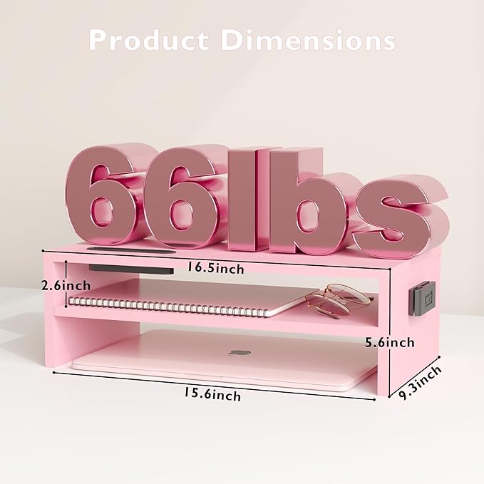 BONTEC Wooden Monitor Stand Riser, 2-Tier Desk Shelf with Storage Organizer, Ergonomic Computer Stand with Cable Management, Cellphone Holder, Pink, 16.5 Inch-NeatNest