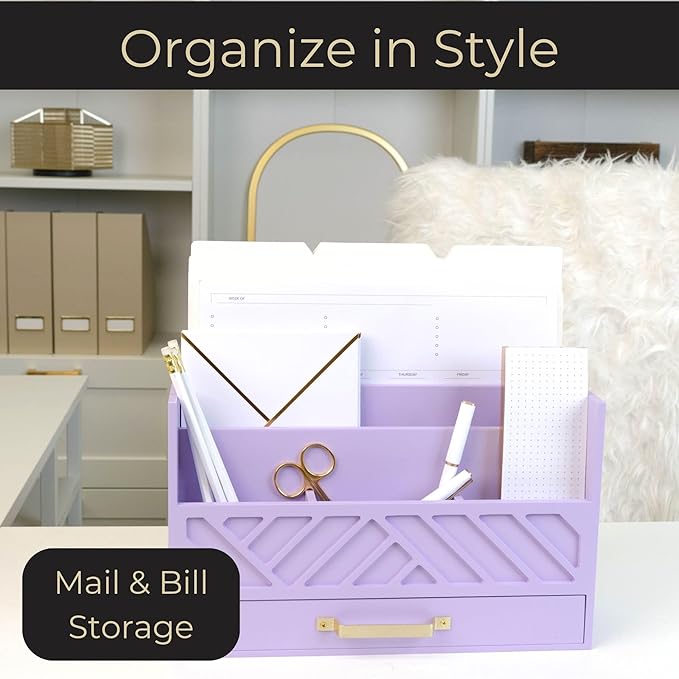 BLU MONACO Mail Organizer Countertop Kitchen - Purple Wood Desk Storage with Drawer - Mail Sorter or Bill Holder for Desk - Farmhouse Accessories & Mail Basket for Counter-NeatNest