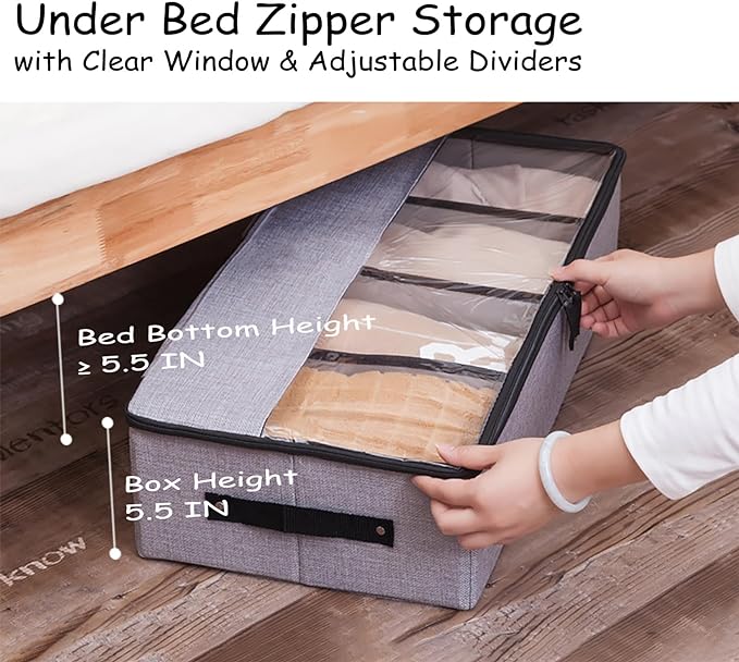 AARAINBOW Foldable Under Bed Clothes Organizer with Lid, Underbed Storage Container with Adjustable Dividers, Clear Window, Gray-NeatNest