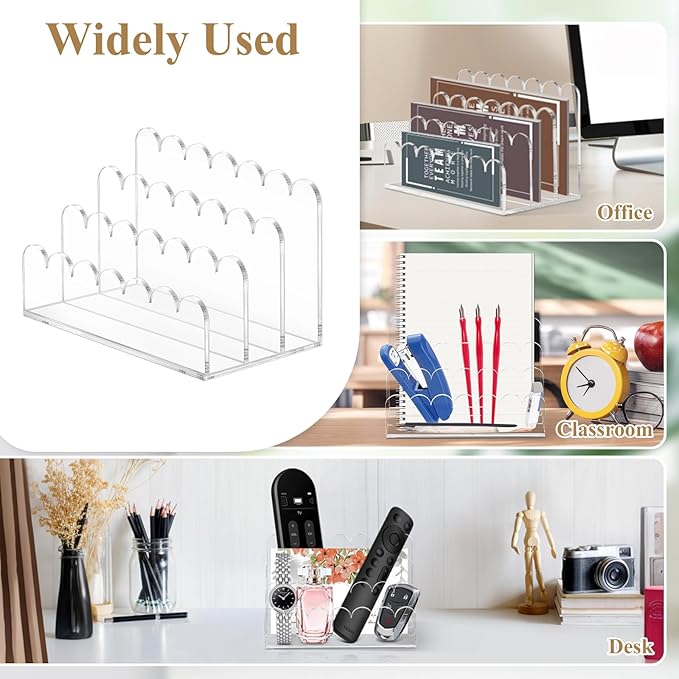 Acrylic Scalloped Mail Holder Organizer Sorter for Desk Clear Print Script Letter Holder Countertop 3 Upright Compartments Laddered Envelope Stand for Office Home School