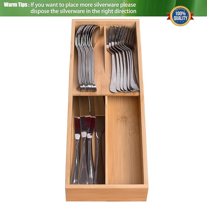 Bamboo Silverware Drawer Organizer, Kitchen Small Silverware Organizer, Utensil Tray Holder, Cutlery Tray for Spoons, Forks, Knives, Suitable for a family of 2-4-NeatNest