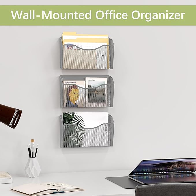 EasyPAG 3 Pack Wall File Holder, Single Mesh Hanging File Organizer for A4 Letter Size Paper, Wall Mount Paperwork Basket for Office, Home, School, Silver