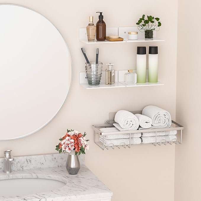 Hexsohoma 9 Inches White Floating Shelves, Acrylic Wall Shelves for Living Room, Bedroom, Bathroom, Kitchen, Office, Brand Store, Retails, Gaming Room, 4 Pack-NeatNest