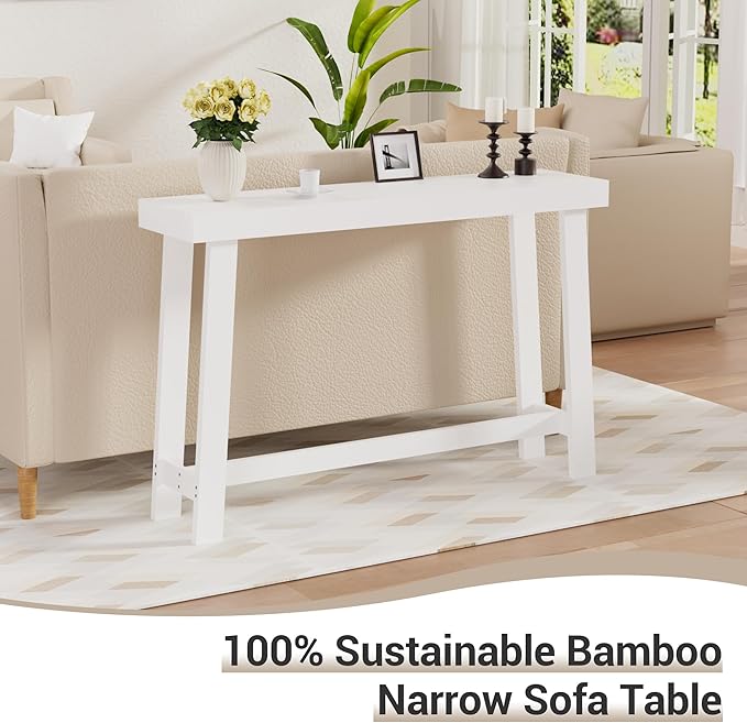 Bamboo Wood Entryway Table 47.2" Console Table, Narrow Sofa Table with Support Beam for Entrance, Hallway, Living Room, Bedroom, Foyer(White)-NeatNest
