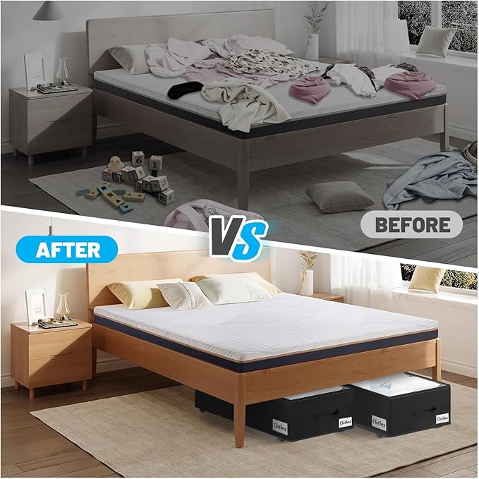 2 Pack Under Bed Storage with Wheels 10" Height, Rolling Storage Bins XXL 60L, Underbed Shoe Storage Containers with Label & Clear Lid, Dorm Under bed Drawers for Clothes, Shoes, Quick Assembly, Black-NeatNest