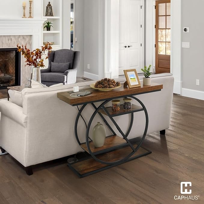 CAPHAUS 41” Unique Design 4-Tier Industrial Thick Sofa Console Table w/Storage & Charging Station, Entrance Tableau w/ 2 Outlets, USB & Type-C Ports for Living Room, Hallway, Rustic, Hourglass-NeatNest