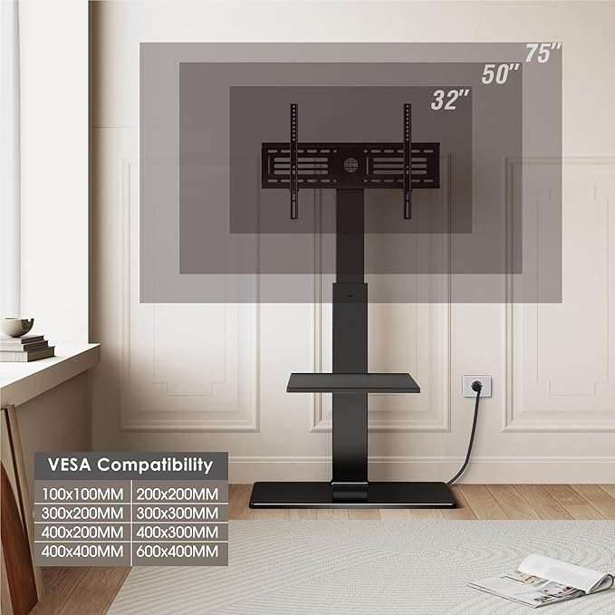 FITUEYES Floor TV Stand for 32-75 inch TV with Power Outlet, Tall TV Stand for Bedroom Living Room with Tempered Glass Base, Floor TV Mount Holds Up to 88lbs MAX VESA 600x400mm,Black-NeatNest