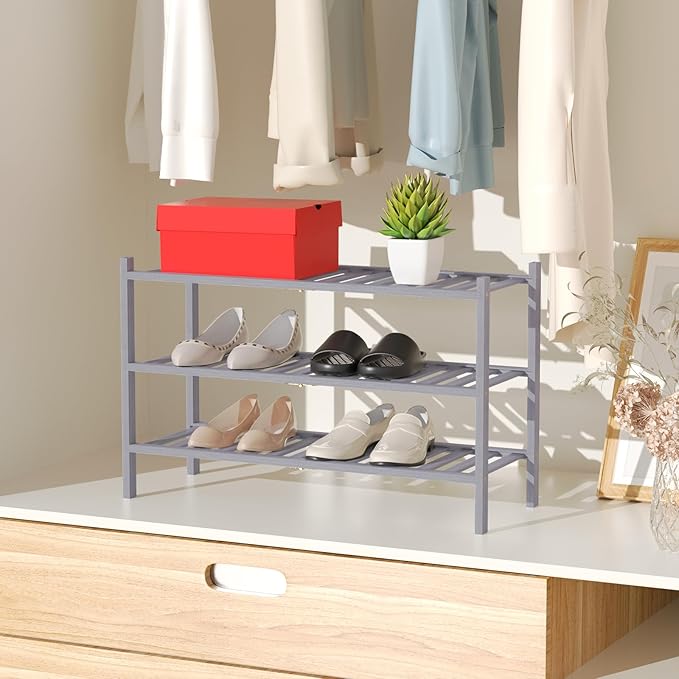 Shoe Rack, 3 Tier Bamboo Shoe Rack for Closet, Stackable Wooden Shoe Organizer, Free Standing Wood Shoe Shelf for Entryway Small Space, 27" x 11" x 20", Grey-NeatNest