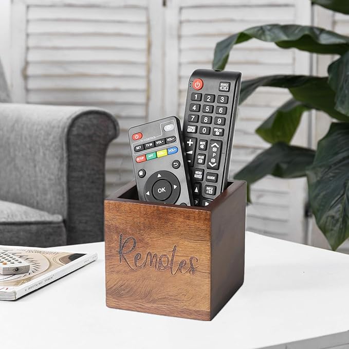 Acacia Wood TV Remote Holder, Caddy and Organizer for Table, Vintage Farmhouse Desk Caddy (Brown for 2 or 3 Remote Controls)-NeatNest