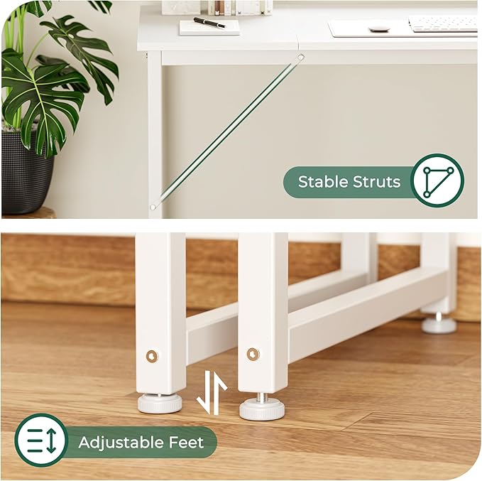 Huuger Computer Desk, 70 Inch Office Desk, Gaming Desk with Storage, Writing Desk Work Desk for Home Office, Study, Long Simple Desk, Large Legroom, Metal Frame, White-NeatNest