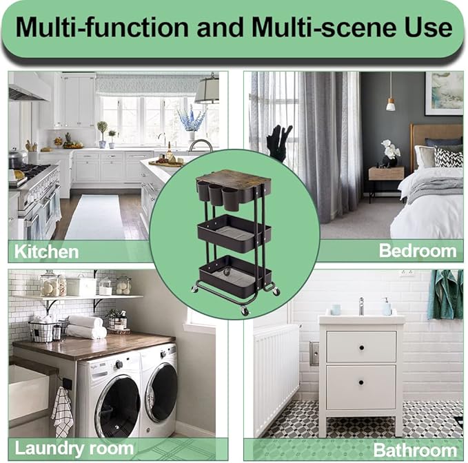 3-Tier Metal Utility Rolling Cart Storage Side End Table with Cover Board and Handle for Office Home Kitchen Organization, Black