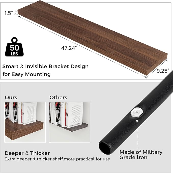 Floating Shelves for Wall, 48"W x 9"D x 1.5"H, 2 Pack of Long Wall Mounted Engineered Wood Shelves with Invisible Brackets for Living Room, Bedroom, Bathroom, Kitchen Decor and Storage, Walnut-NeatNest