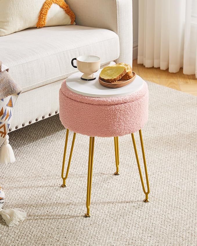 IBUYKE Teddy Velvet Storage Footrest Stool Ottoman, Makeup Vanity Stool Side Table with Removable Cover, Golden Steel Legs, Coffee Table Top Cover, Pink WBD010P