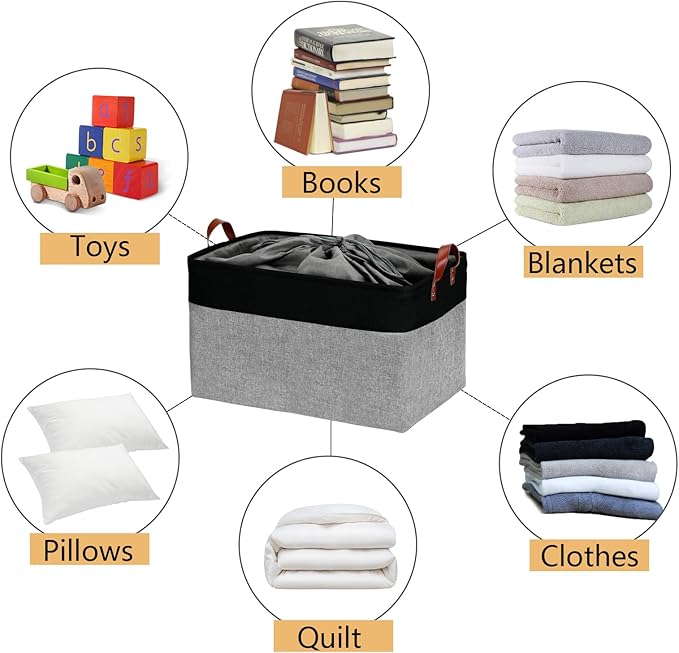 DULLEMELO Extra Large Canvas Fabric Storage Basket, 70L Foldable Closet Storage Bin with Handles, 22" Large Blanket Basket Living Room for Storage Toys, Pillows, Clothes, Books (Black&Grey)-NeatNest