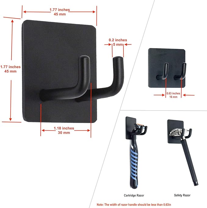 Adhesive Hooks, Bathroom Wall Towel Hooks, Black Stick Shower Razor Holder, Stainless Steel Door Hangers for Coat Loofah Robes Self Adhesive Organizer for Kitchen