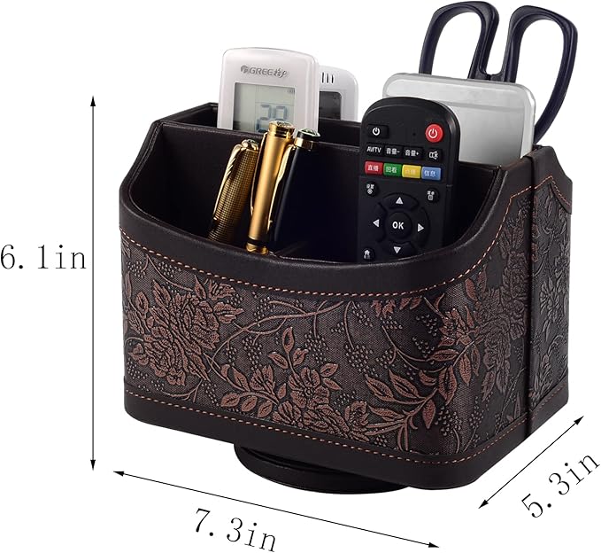 Antique Leather Remote Control Holder 360 Degree Spinning,Desk Rotating Organizer/Caddy for TV Remote Controllers,Pen,Calculator Media Player,DVD,Office Supplies,Mobile Phone Storage Box (Retro)-NeatNest