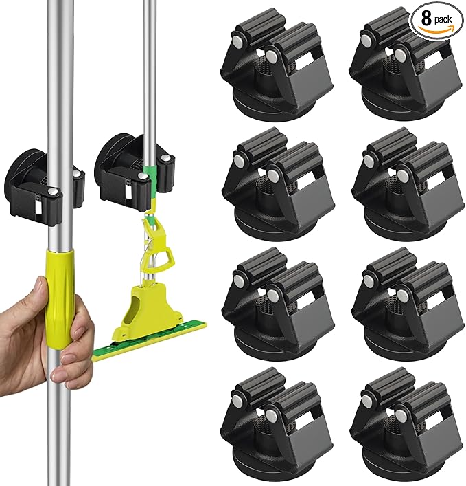 ULIBERMAGNET Magnetic Mop Broom Holder,Heavy Duty Movable Magnetic Broom Holder Rack,Anti-slip Wall Mounted Utility Storage Mop Shovel Hanger for Garage, Kitchen, Laundry, Garden(8 Pack/Black)