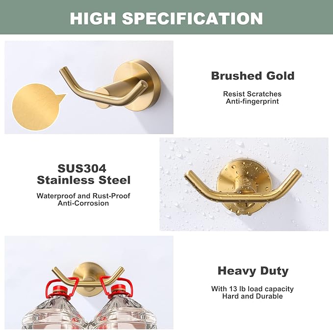 ARCORA Brushed Gold Towel Hooks, SUS 304 Stainless Steel Wall Hooks, Heavy Duty Robe Hooks 1 Pack, Modern Towel Hooks for Bathroom