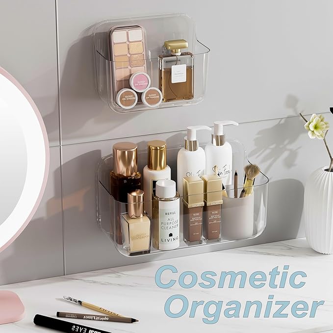 Wall Mounted Storage Organizer Bins Organizing Shelf Basket Clear Plastic Makeup Organizer Adhesive Hanging Bin Fridge Organizer for Bathroom,Kitchen,Cabinet,Pantry,Countertops (XL+L)-NeatNest