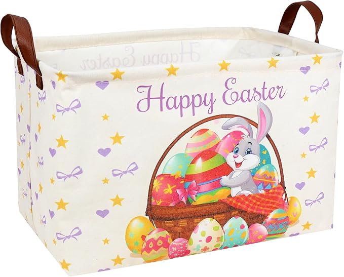Easter Basket for Kid Large Empty Baby Rectangular Cute Easter Gift Storage Basket Bunny Eggs Décor (Rabbit Purple Bow Tie)-NeatNest