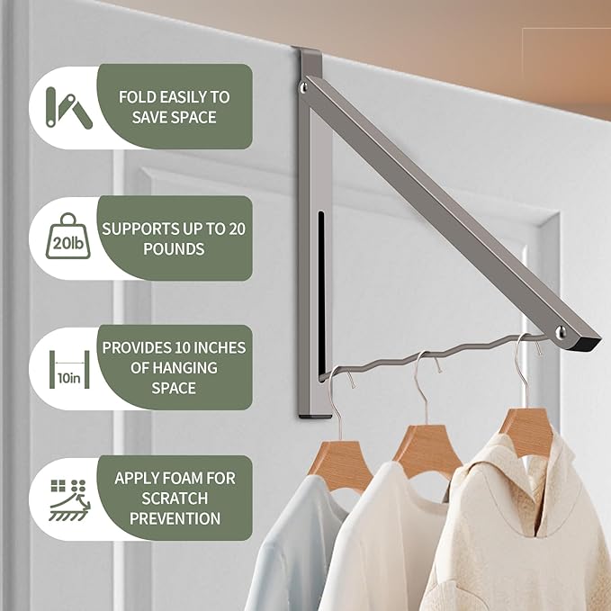 2 Pcs Grey Over The Door Hanger Organizer Drying Rack Collapsible Retractable Clothes Drying Rack Space Saver for Hanging Clothes Towels Bathrooms, Carbon Steel Material