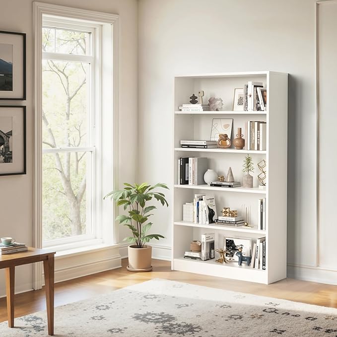 Farini 60 Inch Tall 5-Shelf Bookcase, Wood Bookshelf Storage Organizer Adjustable Shelf for Home Office, Study Room, Easy Assembly,White