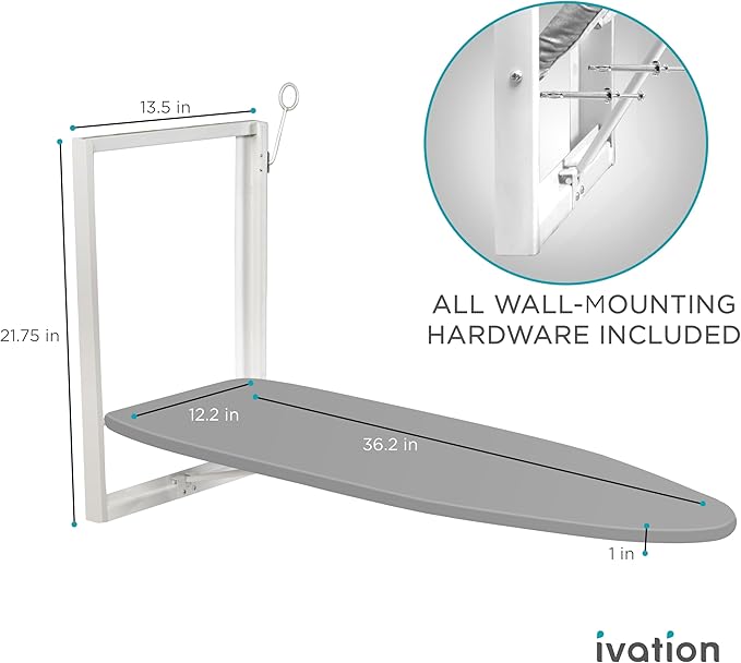 Ivation Wall-Mounted Ironing Board | Foldable 36.2” x 12.2” Sturdy Ironing Station for Home & Apartments, Easy-Release Lever, Removable Cotton Cover, Includes Mounting Hardware with Iron Holder