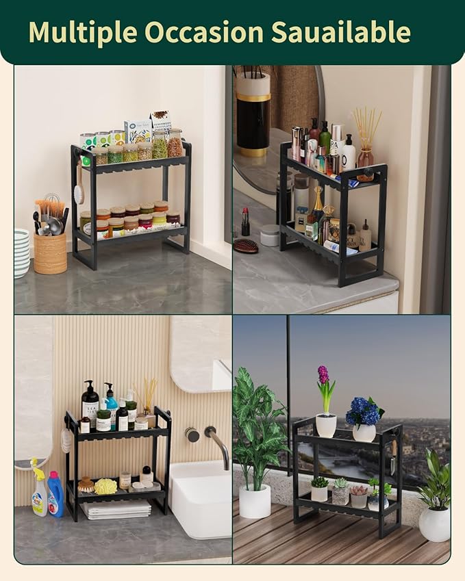 Countertop Organizer, Bamboo Spice Rack Organizer for Pantry, 2 Tier Kitchen Counter Shelf, Coffee Station Organizer,Black-NeatNest