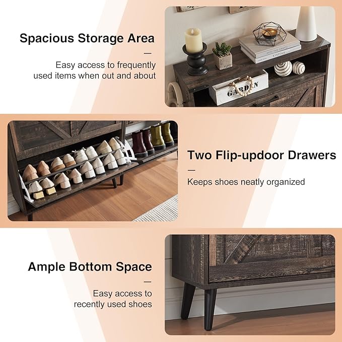 Shoe Storage Cabinet,Farmhouse Shoe Organizer with 2 Flip Drawers & Barn Door Design,Freestanding Hidden Slim Narrow Shoe Rack Cabinet with Open Storage for Entryway, Foyer,Hallway, Dark oak-NeatNest