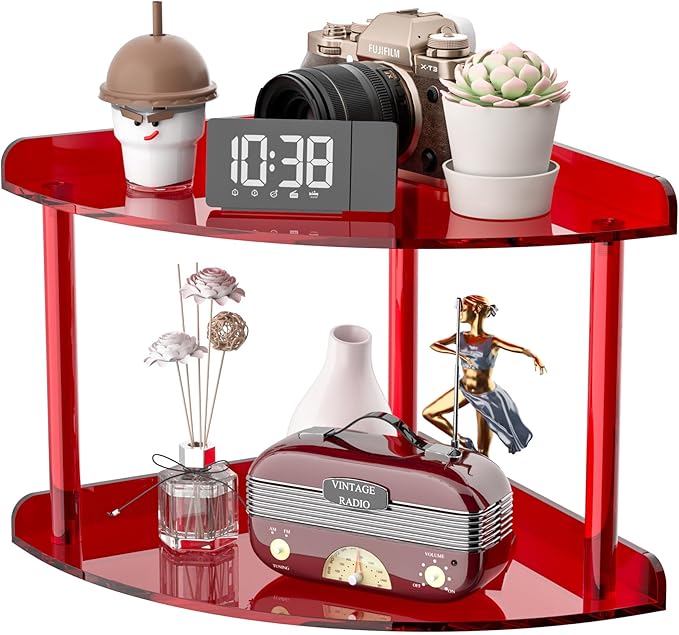 2 Tier Acrylic Corner Shelf Organizer Storage 9.5x9.5x8 Inch, Red Countertop Corner Shelf for Bathroom, Kitchen, Bedroom, Office, Study Room-NeatNest