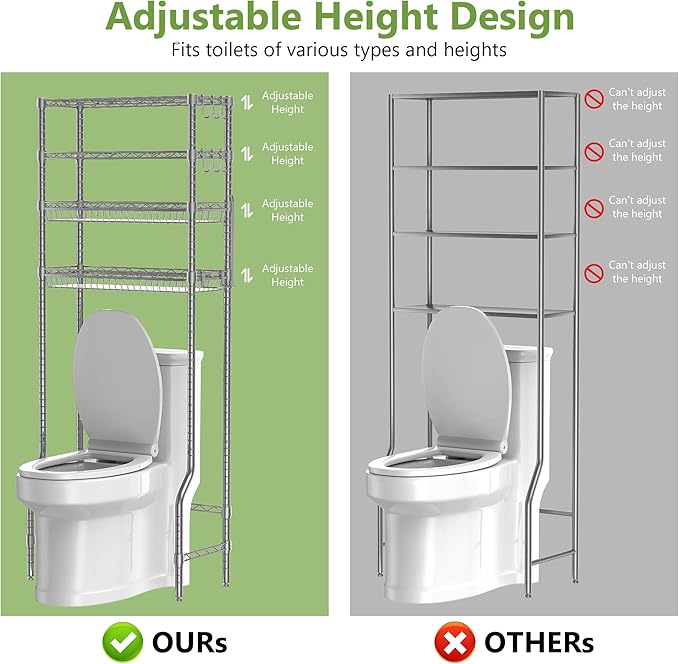 Bathroom Shelves Organizer, 4 Tier Over The Toilet Storage with Adjustable Basket and 6 Hooks, Metal Over Toilet Storage Rack for Bathroom, Fit Most Toilets, Easy to Assemble, Grey