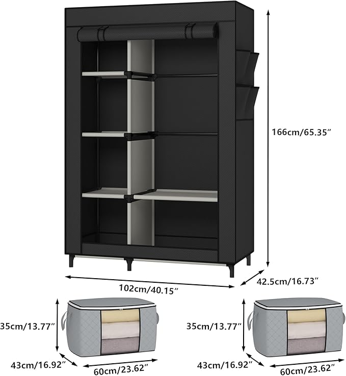 Calmootey Portable Closet, Wardrobe with 6 Shelves and Hanging Rod, Storage Organizer for Bedroom, Non-Woven Fabric Cover with 4 Side Pockets, Includes 2 Storage Bags for Clothes, Black-NeatNest