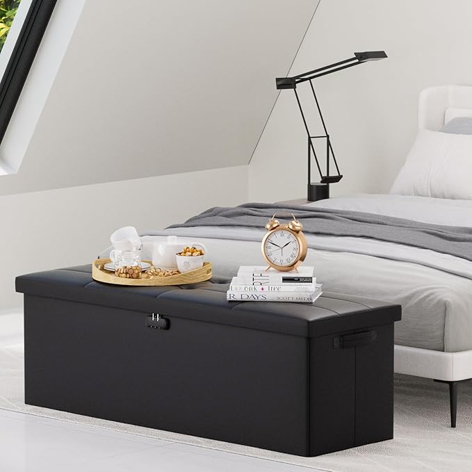 DocSafe Storage Ottoman Bench,Fireproof&Waterproof Folding Bench with Lock(15”x 43”x15”),Leather Storage Chest with Handles&2 Extra Boxes,Ottoman Safe for Bedroom,Living Room,Home Office,Black-NeatNest