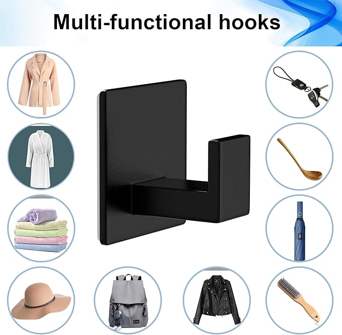 Adhesive Shower Hooks, Towel Hooks for Hanging Robe, Coat, Hat, Loofah, Heavy Duty Wall Hooks Stick on Bathroom, Kitchen and Office (2 Pack, Black)