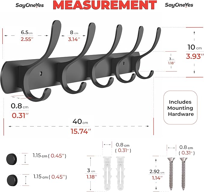 Black Coat Rack Wall Mounted - 16 Inch Heavy Duty Stainless Steel Matte Finish Wall Hook Rack - 5 Double Coat Hooks for Hanging Towels, Bags, Hat - Bathroom Entryway - 2 Pack-NeatNest