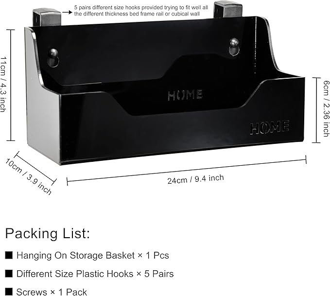 Bedside Caddy Hanging Storage Basket Little Plastic Beside Shelf Hang-on Storage Organizer for Collage Dorm Bunk Bed,Changing Table - Bedroom Essentials for Phone,Mini Speaker,Tissues (Black)-NeatNest