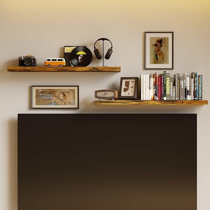 BAMEOS Floating Shelves,40 in W x 7in D Wall Mounted Wooden Shelves with Invisible Brackets Set of 2, Hanging Wall Shelves Decoration for Bedroom, Bathroom, Living Room and Kitchen,Rustic Brown-NeatNest