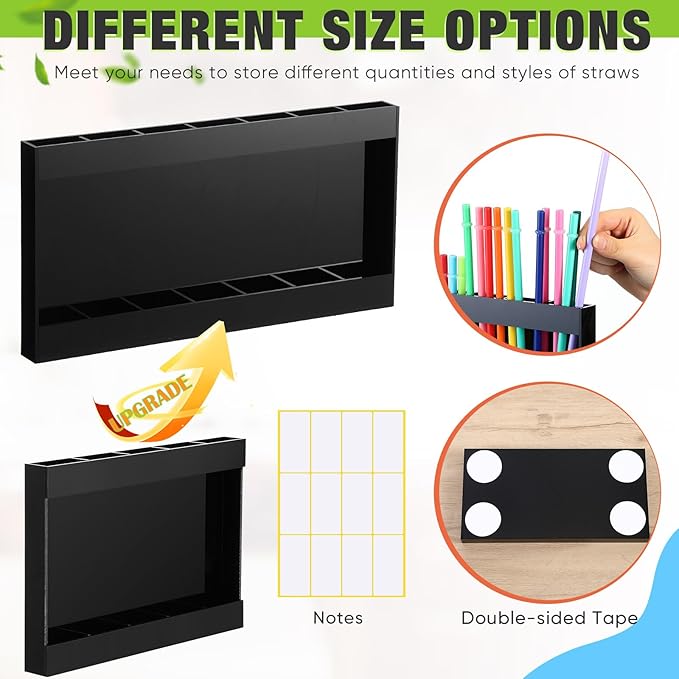 Acrylic Straw Holder for Cabinet Door with Double Sided Adhesive Tape Reusable Straw Organizer Tumbler Storage Kitchen Accessories Container for Counter Cupboard(Classic,Extra Large,Black)