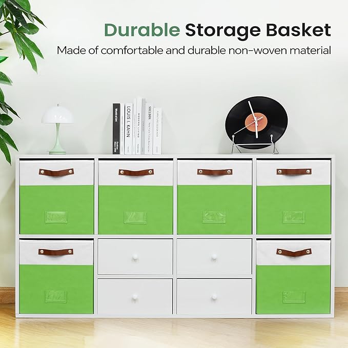6-Pack Collapsible Fabric Storage Cubes with Handles & Label Holders, Closet Cube Home Organizer Bins (White/Light Green, 13 x 13 x 13 inch)