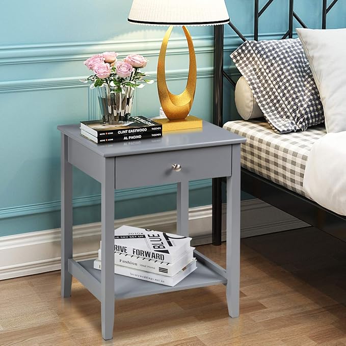 Giantex Nightstand Wooden 2-Tier Couch Sofa Side Table with Drawer, Storage Shelf, Solid Wood Legs,Mufti-Functional Home Furniture for Living Room Bedroom Study Room End Table (2, Gray)
