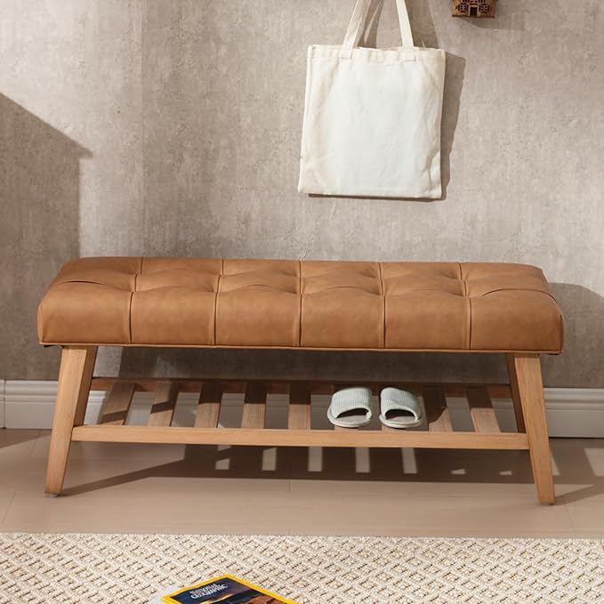 Entryway Shoe Bench Storage Benches with Upholstered Button Tufted Seat and Open Slatted Shelf PU Leather Ottoman Bench for Hallway Living Room Bedroom End of Bed, Brown-NeatNest