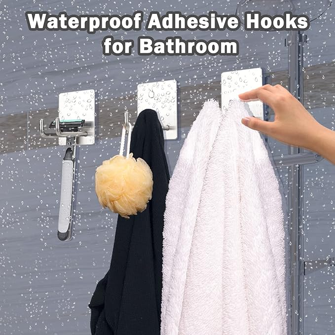 Adhesive Hooks, Stick on Stainless Steel Towel Robe Razor Wall Hooks for Bathroom Kitchen, Sticky Heavy Duty Durable Shower Hangers for Hanging Hat Coat Key 4-Pack (Silver)