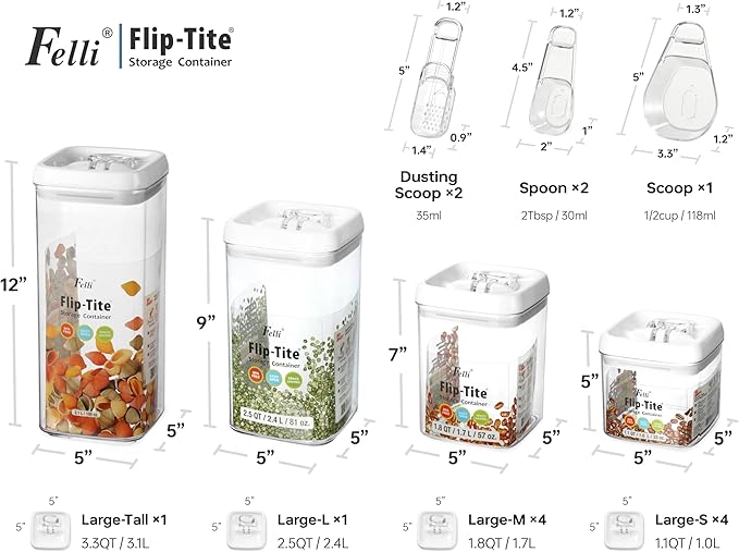 Felli Flip Tite Food Storage Container with Scoop & Lid 5" LARGE Airtight Ring Top, Acrylic Canister Jar for Sugar Flour Baking Powder Protein Rice Pasta Kitchen Organizer Gift Set (10pk, Variety)-NeatNest
