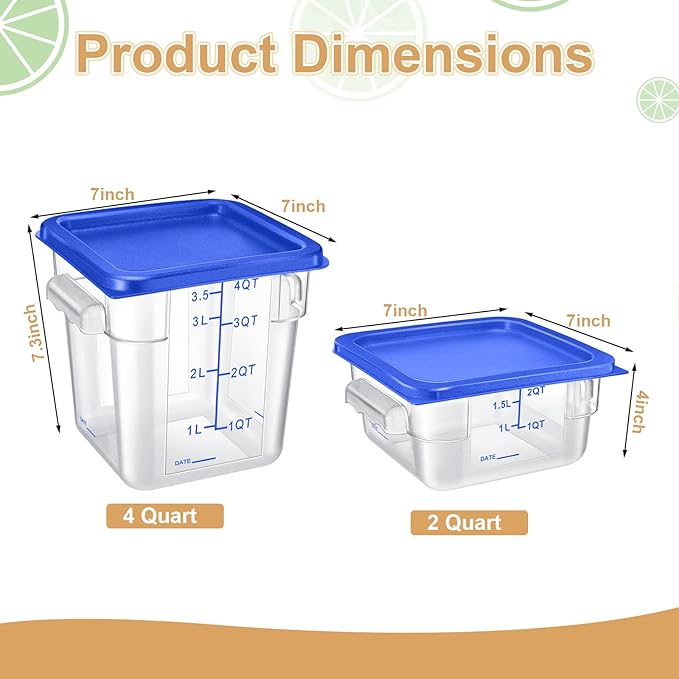 Barydat 4 Pcs Food Storage Container with Lids 2Qt and 4Qt Square Commercial Containers with Scales and Handles Polycarbonate Clear Food Storage for Kitchen Proof Dough Marinating Meat(Blue)
