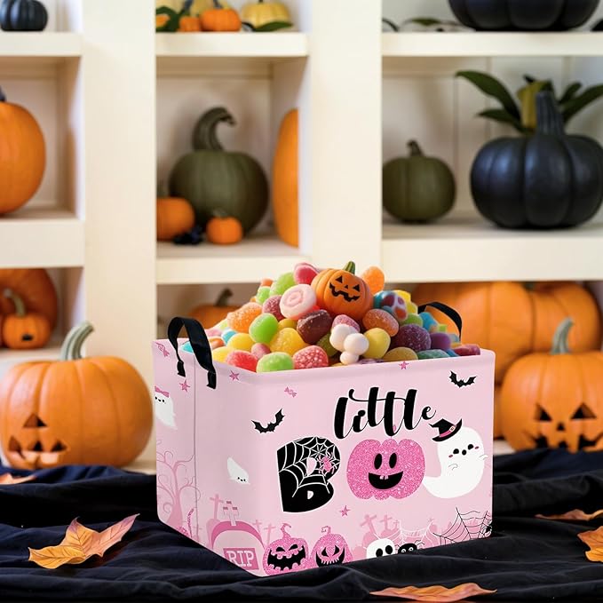 Halloween Basket Gift Cute Pumpkin Ghost Parties Decor Kid Trick or Treat Basket for Boys and Girls Rectangular Storage Bin Box (Pink)-NeatNest