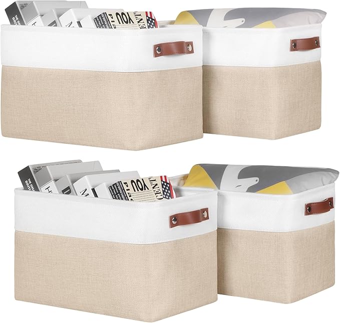Univivi 15 inch Storage Baskets for Shelves with Handles Hard Bottom Closet Organizer Fabric Bins Large Organizer Basket for Closet Organizing (Khaki- 4 Pack )-NeatNest