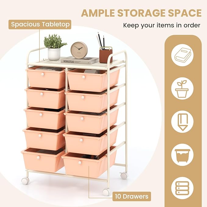 Moccha Rolling Cart with 10 Drawers - Under Desk Storage Drawers with wheels for Craft Art Supply Paper Salon, Under Desk Cabinet on Wheels, Multipurpose Movable Utility Cart for Classroom